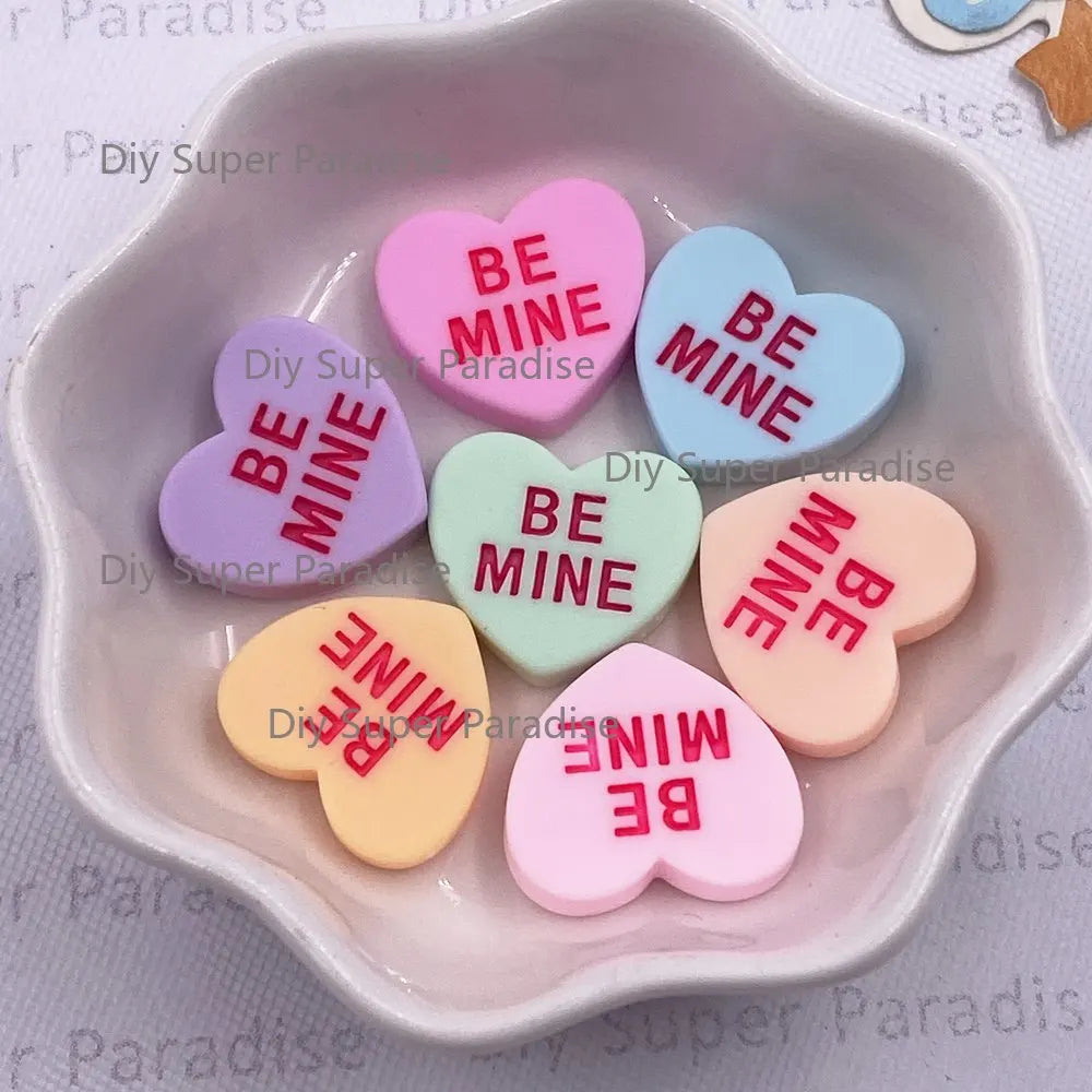Resin Heart "BE MINE" Flat Back Cabochons – 10pcs DIY Crafts