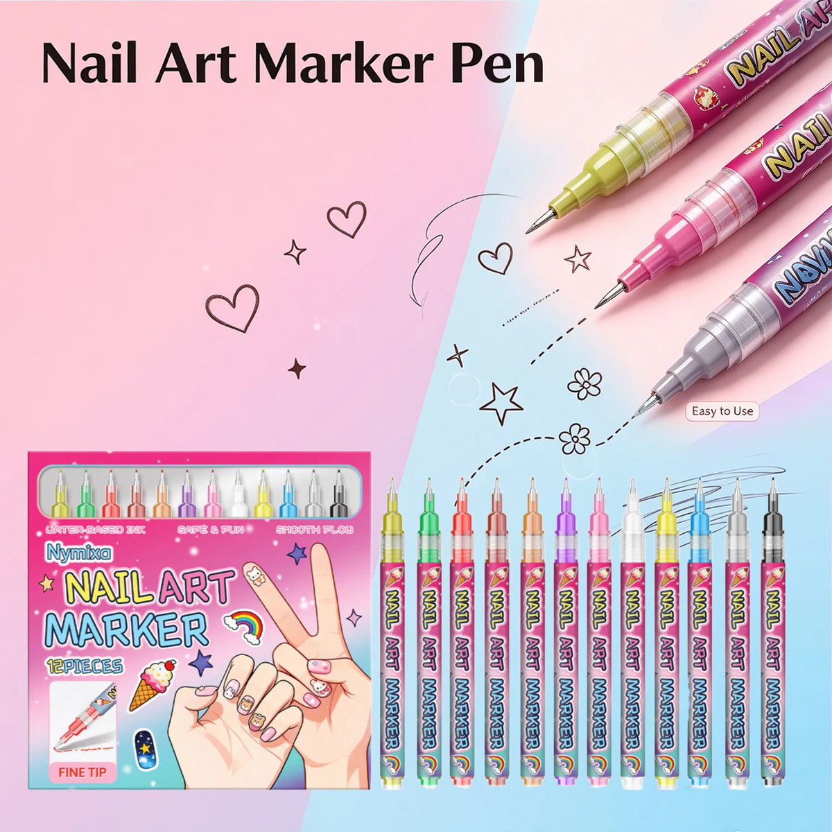 Nymixa 12-Color Nail Art Marker Pen Set – Fine Tip Quick Dry