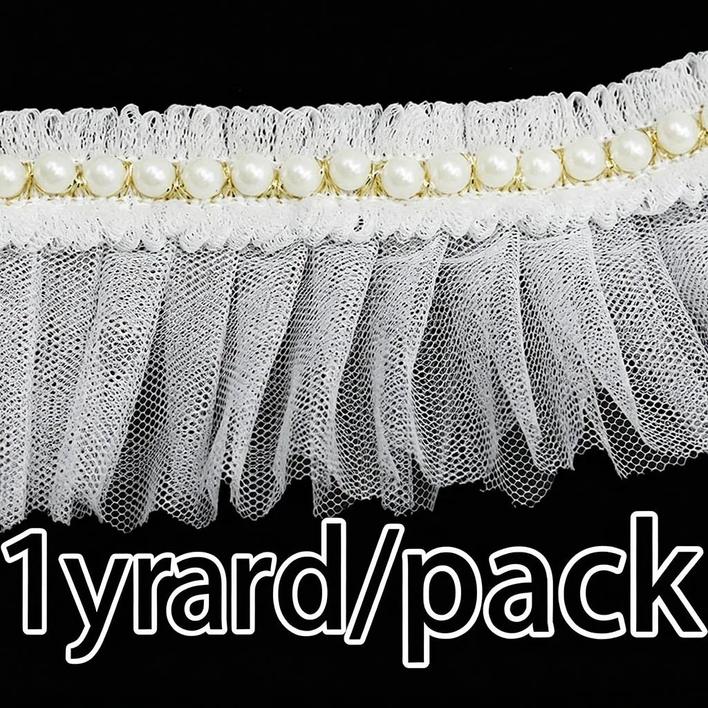 6cm Pearl Pleated Mesh Lace Trim – 1 Yard DIY Sewing