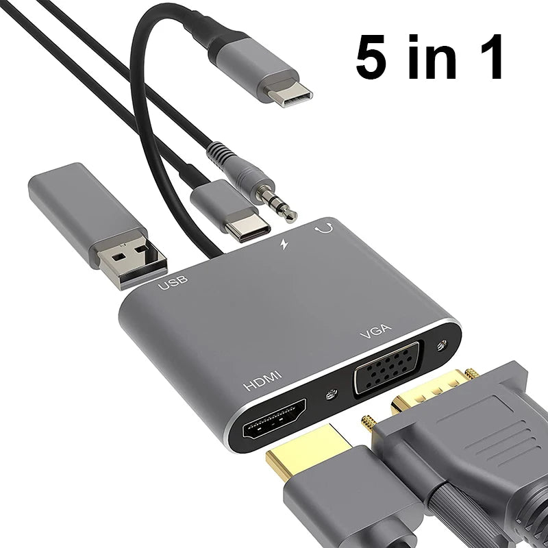 OULLX 5-in-1 USB-C Hub | 4K HDMI, VGA, USB 3.0 & PD Adapter
