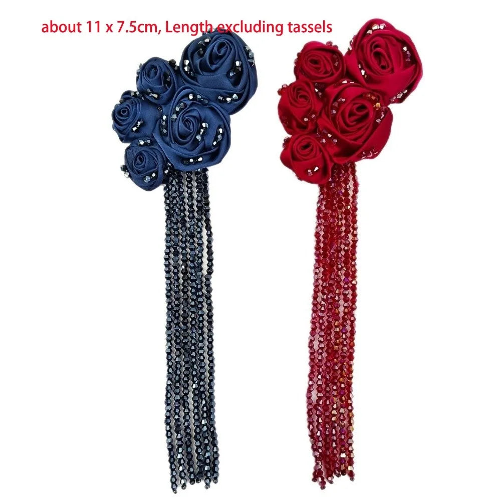 3D Satin Rose Appliqué with Crystal Bead Tassels | DIY Decor