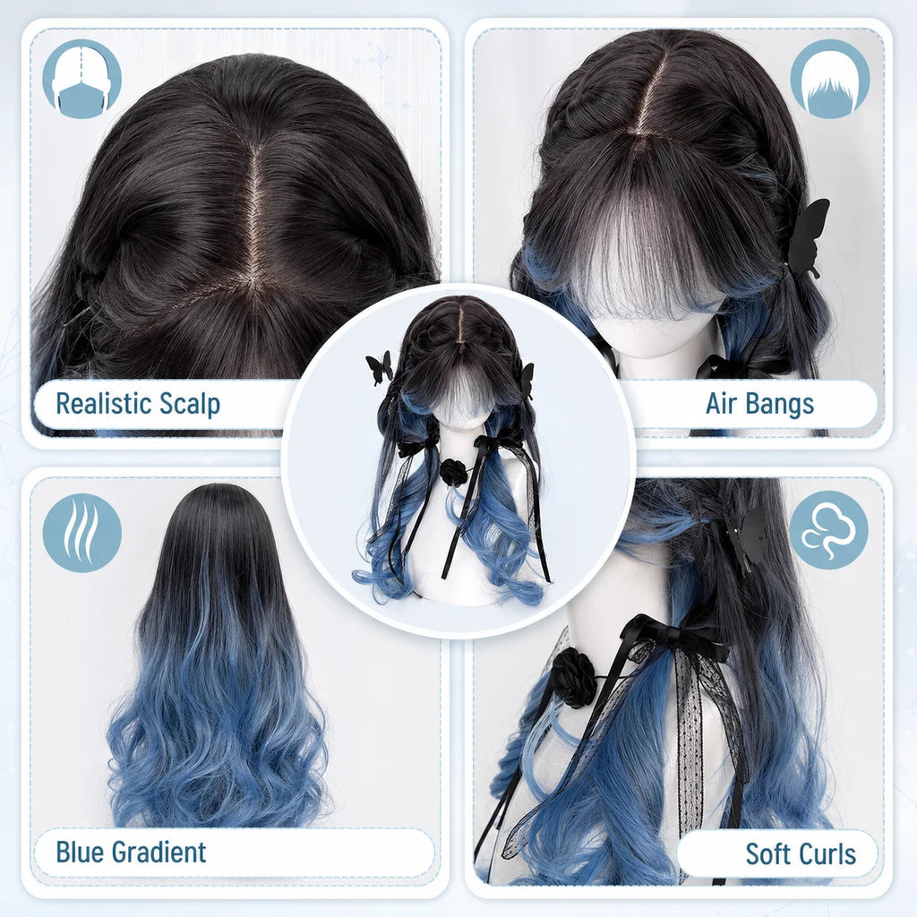 Black Blue Gradient Lolita Wig – Long Curly Waves & Air Bangs