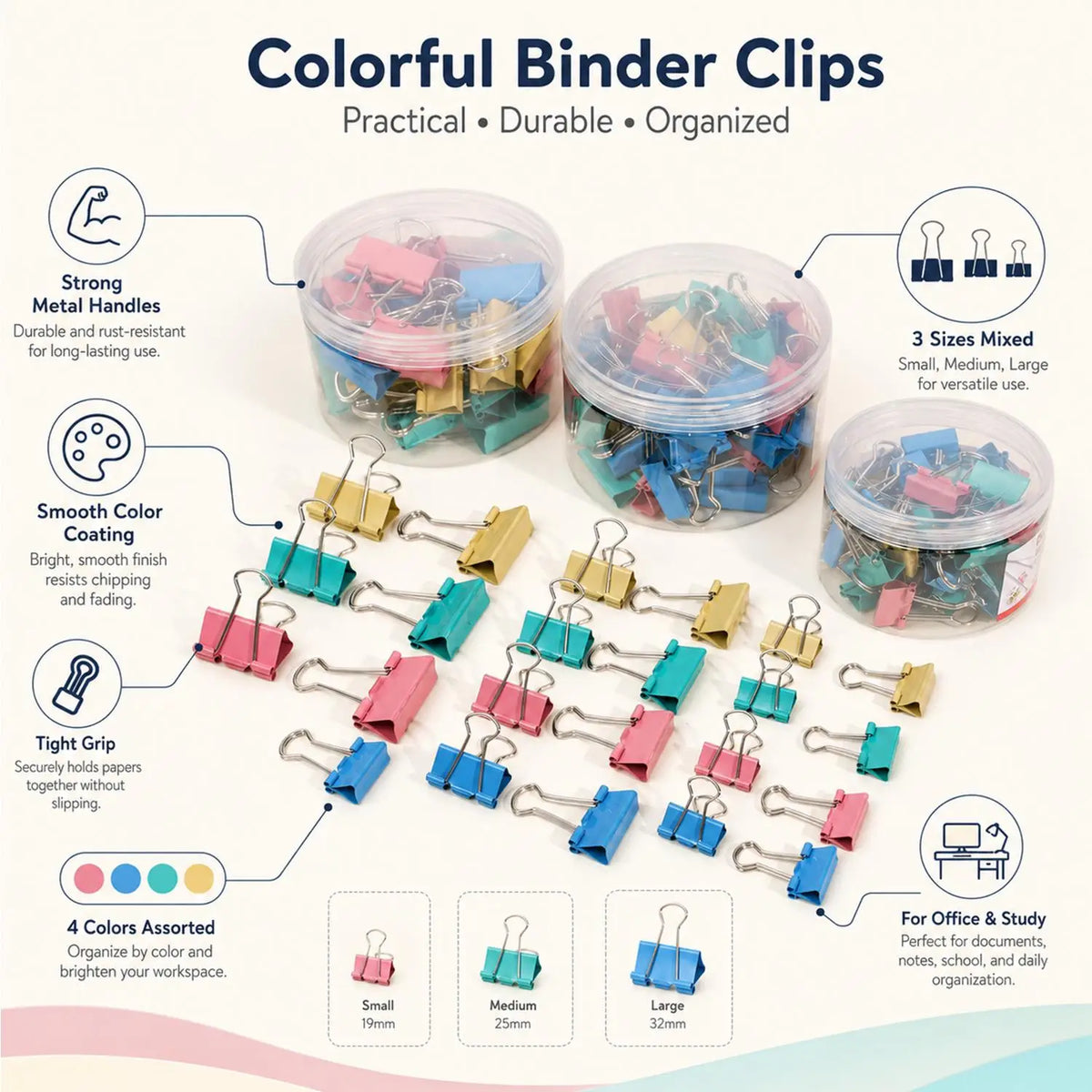 Colored Metal Binder Clips 19mm 25mm 32mm – Office & School
