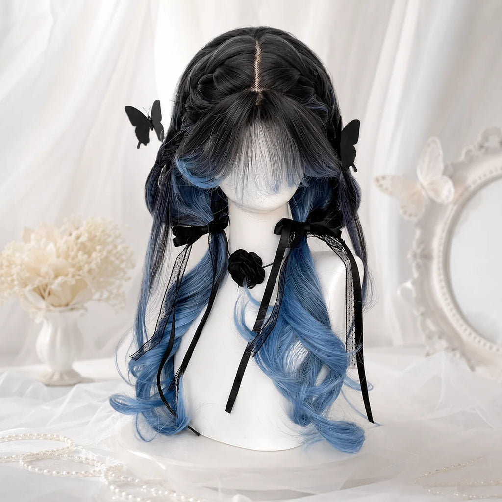 Black Blue Gradient Lolita Wig – Long Curly Waves & Air Bangs