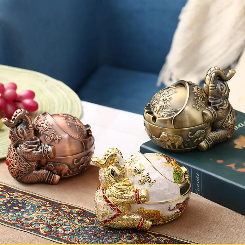 Vintage Elephant Ashtray with Windproof Lid – Zinc Alloy Decor