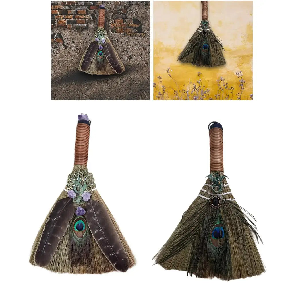 Wicca Witch Broom Altar Decor – Amethyst & Feather Wall Hanging
