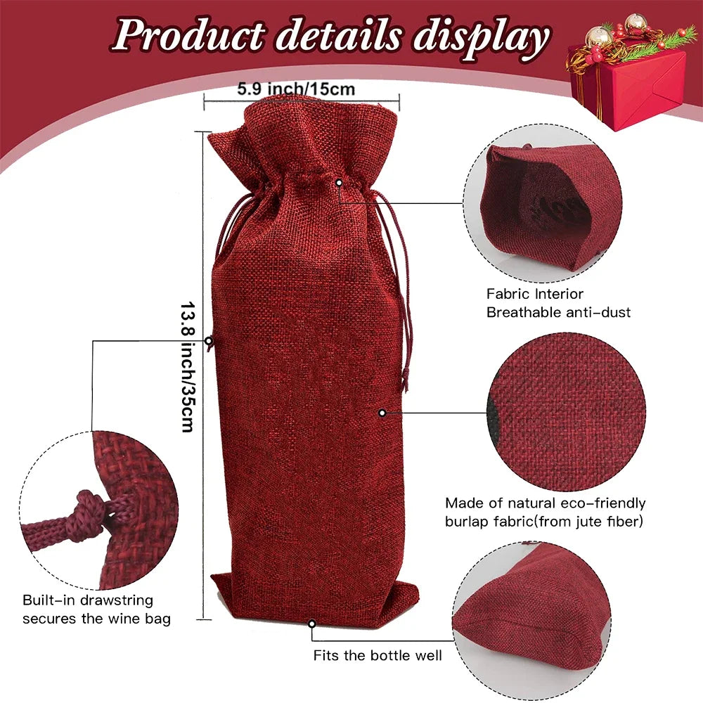 Wine Print Burlap Drawstring Bag – Reusable Eco Gift Pouch