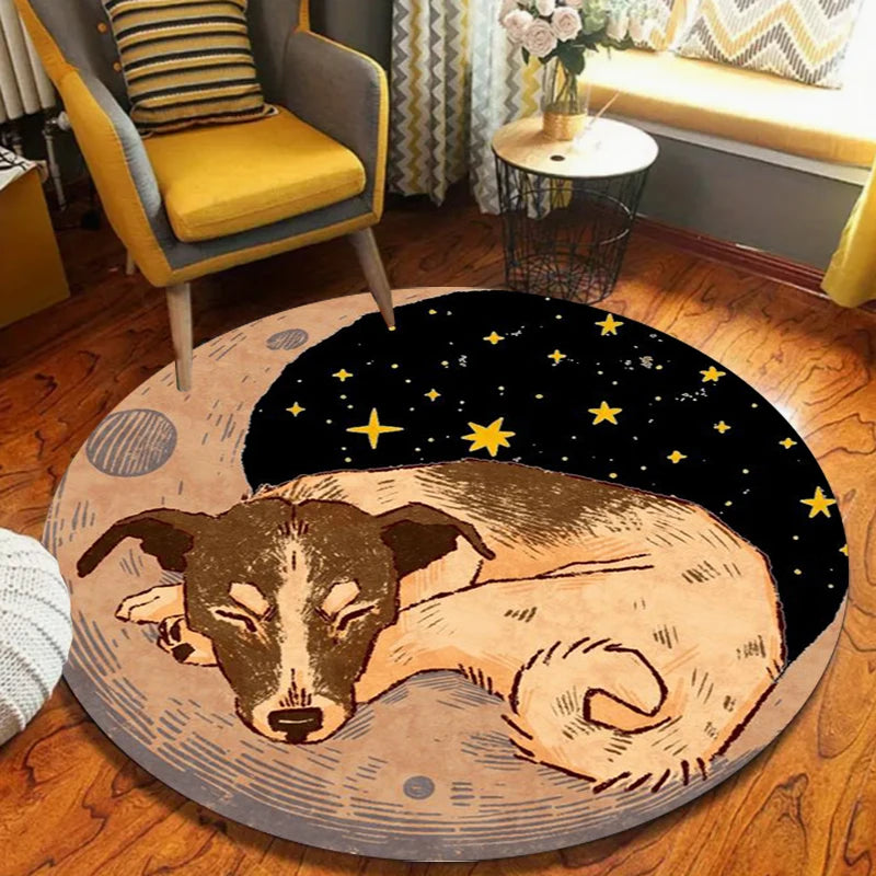 Vintage Boho Round Area Rug – Cat & Dog Botanical Print