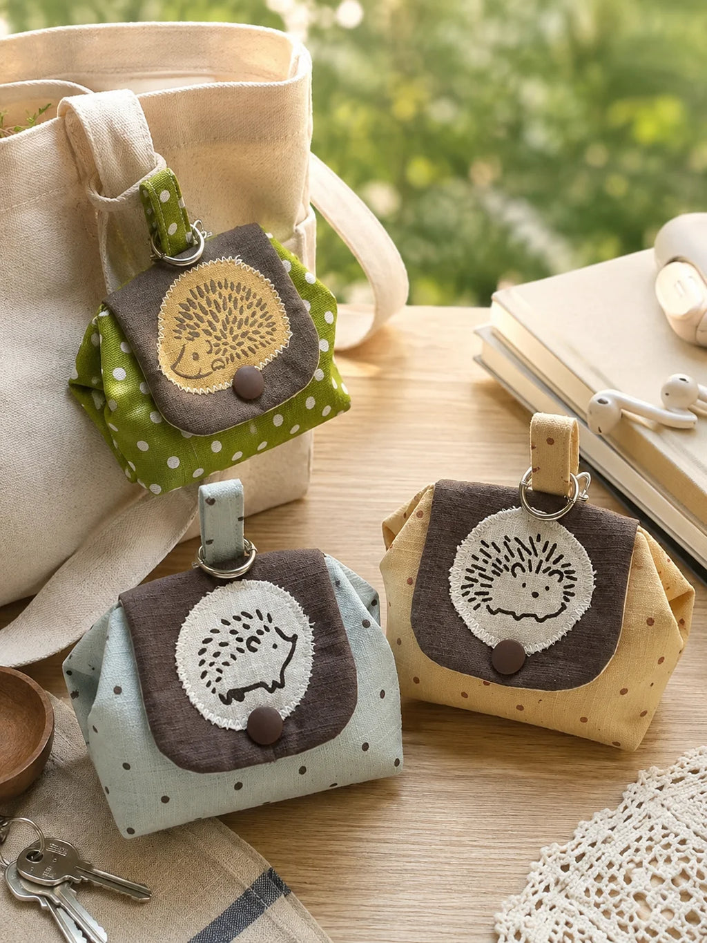 Hedgehog Embroidery Coin Purse – Green Polka Dot Mini Pouch