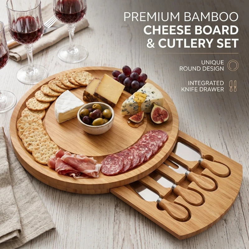 Round Bamboo Cheese Board Set with Knife Drawer – 5-Piece