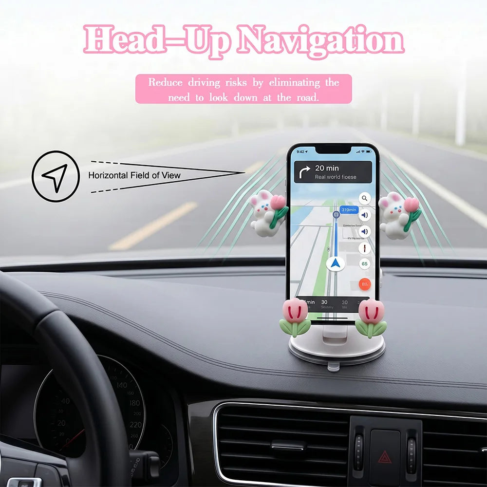 Cute Rabbit Tulip Car Phone Holder – Suction Cup Dashboard Mount