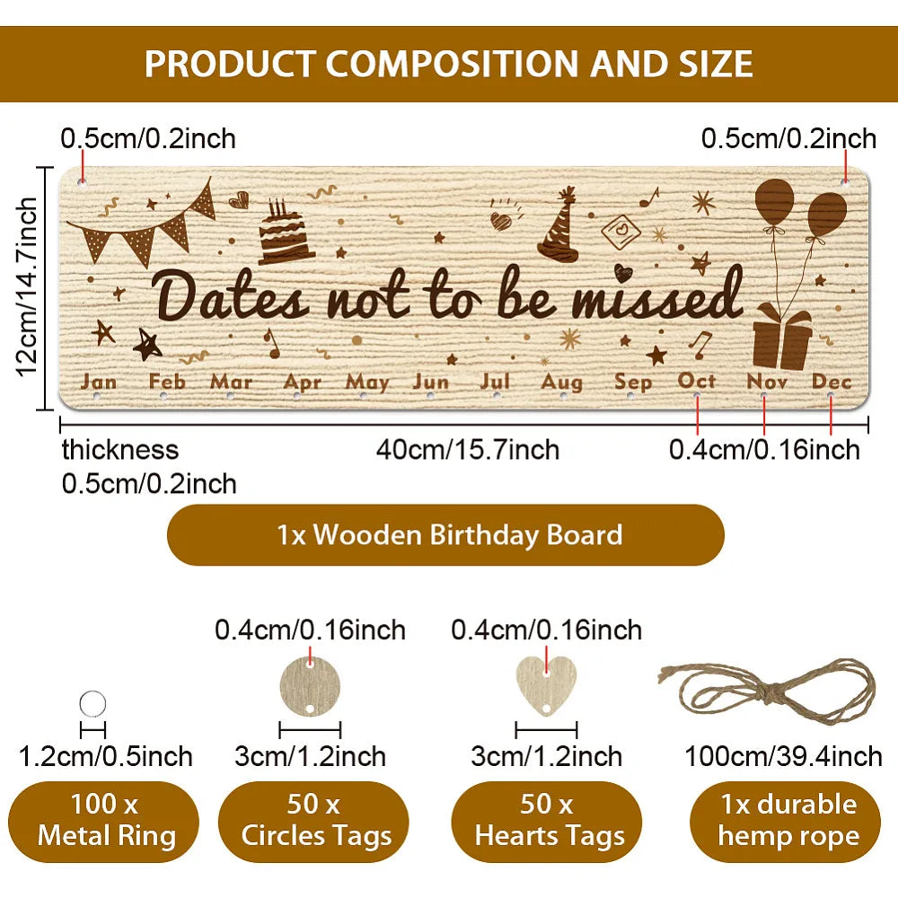 Wood Birthday Calendar Wall Hanging Board with Hemp Rope & Tags