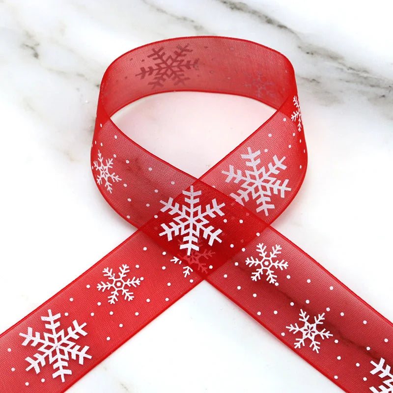 25mm Red Organza Christmas Snowflake Ribbon – 10M Roll