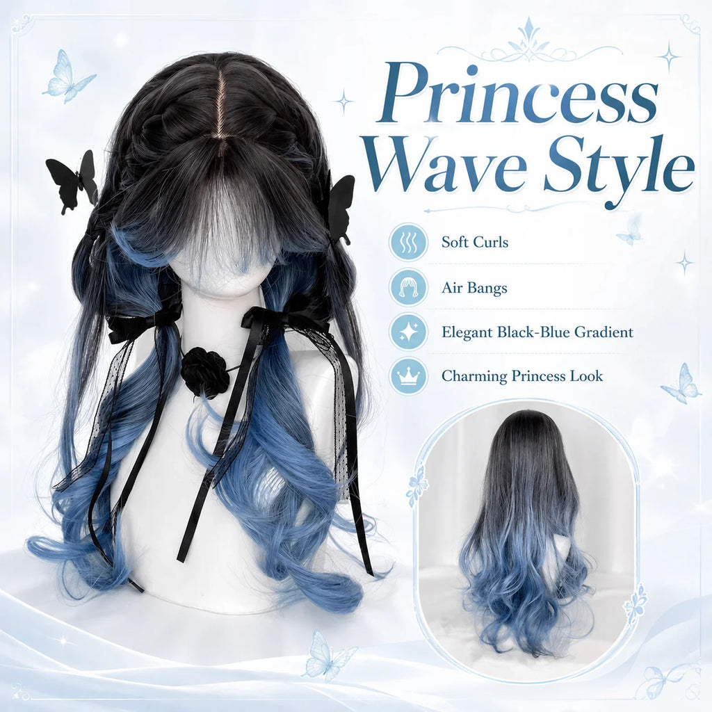 Black Blue Gradient Lolita Wig – Long Curly Waves & Air Bangs