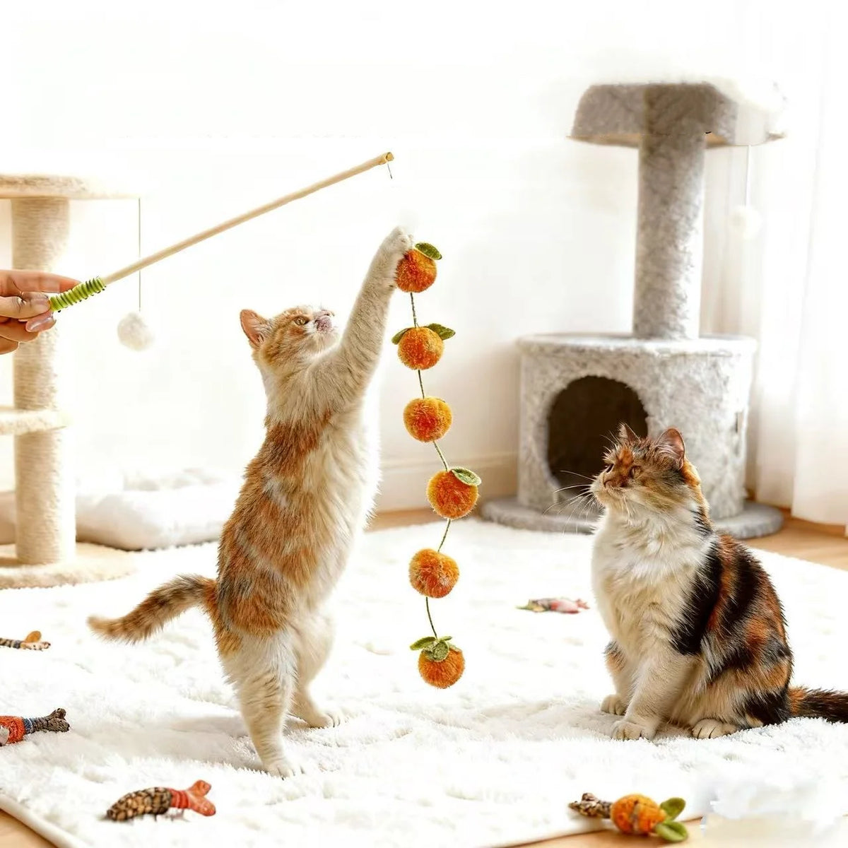 Fruit-Shaped Plush Cat Wand Toy | Wooden Handle Stick