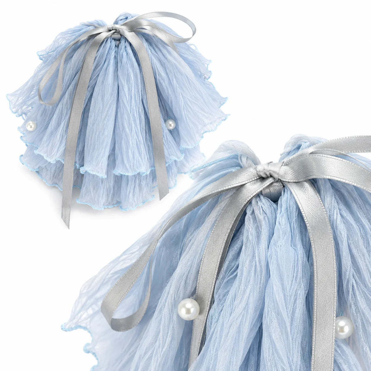 Blue Ruffle Bow Hair Clip with Pearl Decor | Elegant Barrette