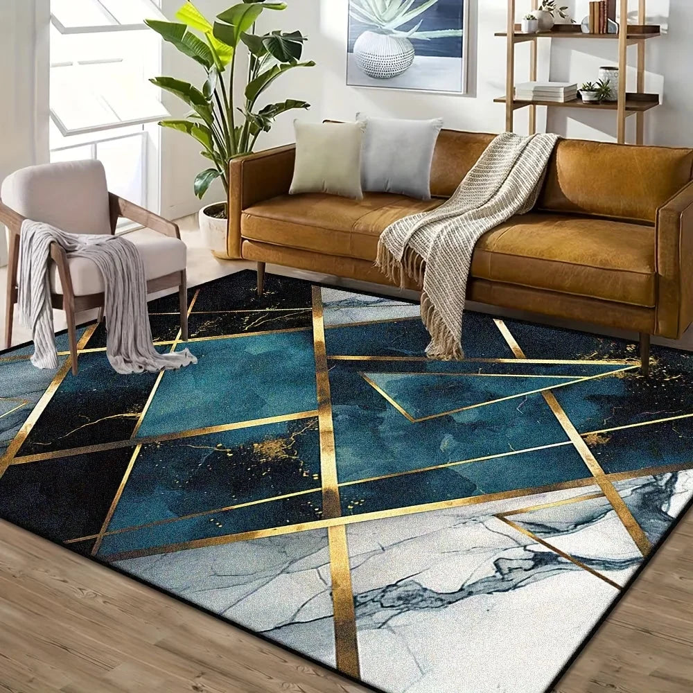 Modern Teal & Gold Geometric Area Rug – Non-Slip Washable