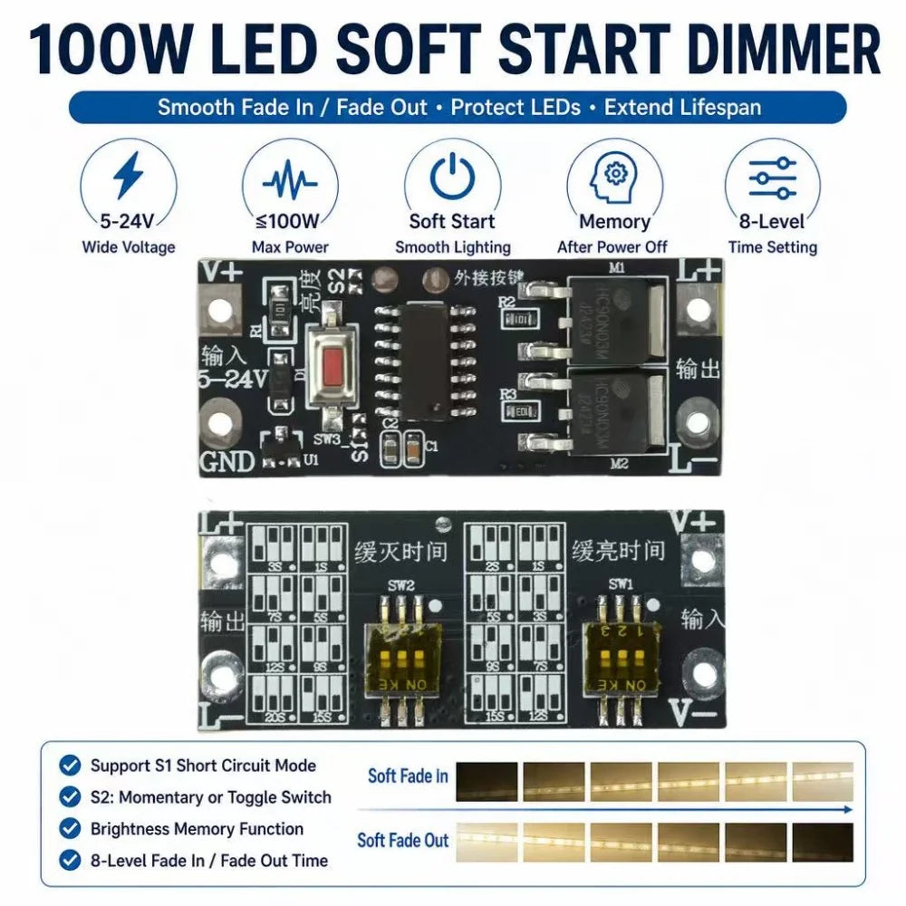 100W LED Dimmer Module – 8-Step Fade Control, 5–24V