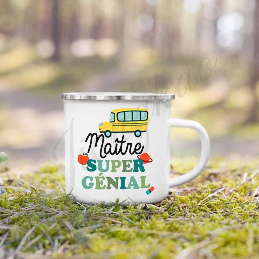 Teacher Gift Enamel Coffee Mug – Vintage Cartoon Print
