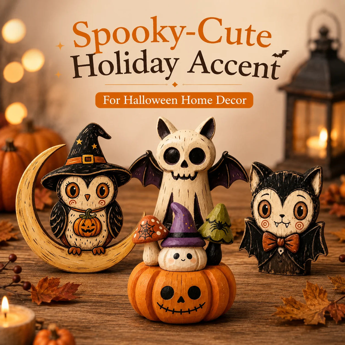 Halloween Wooden Figurines – Owl Ghost Pumpkin & Vampire Cat