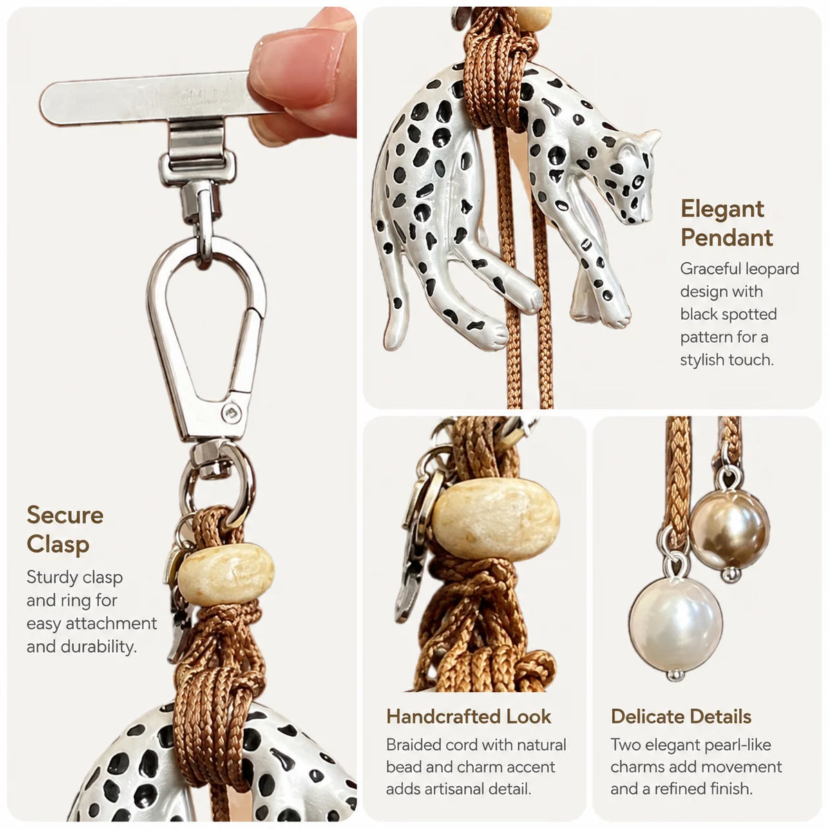 Leopard Bag Charm Keychain – Braided Pendant & Pearl Tassel