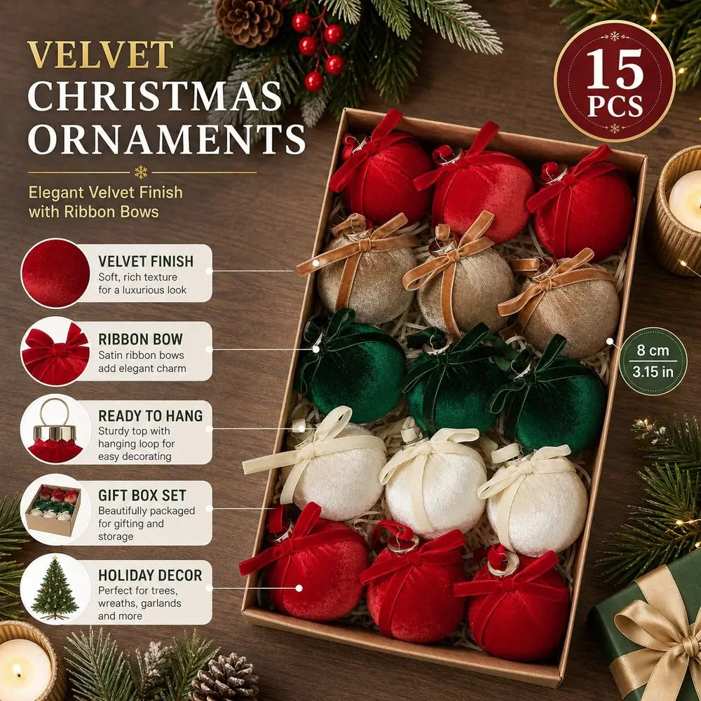 15-Pack Velvet Christmas Ball Ornaments with Ribbon Bow