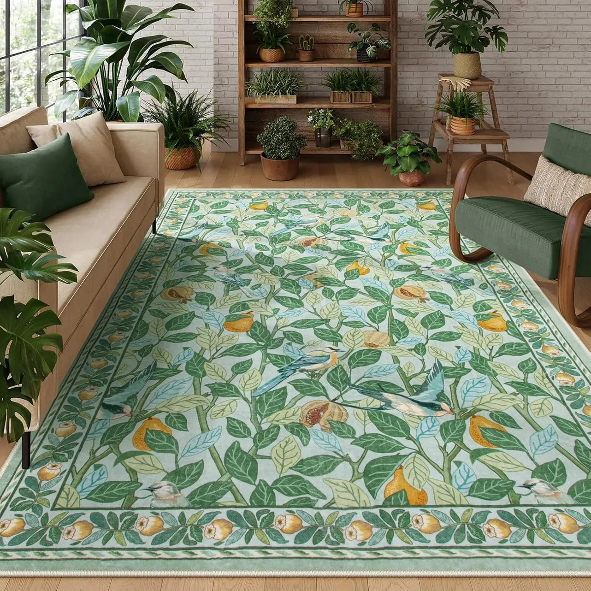 Vintage Botanical Bird Print Area Rug | Non-Slip Washable Mat
