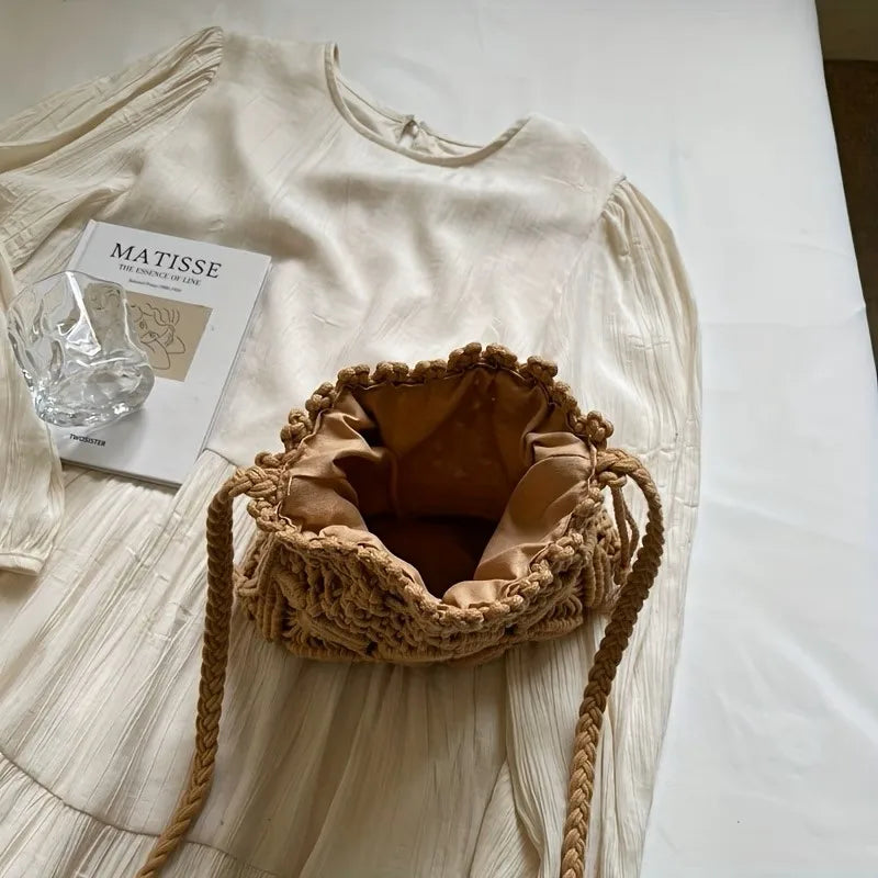 Boho Macrame Bucket Bag – Handmade Woven Drawstring Crossbody