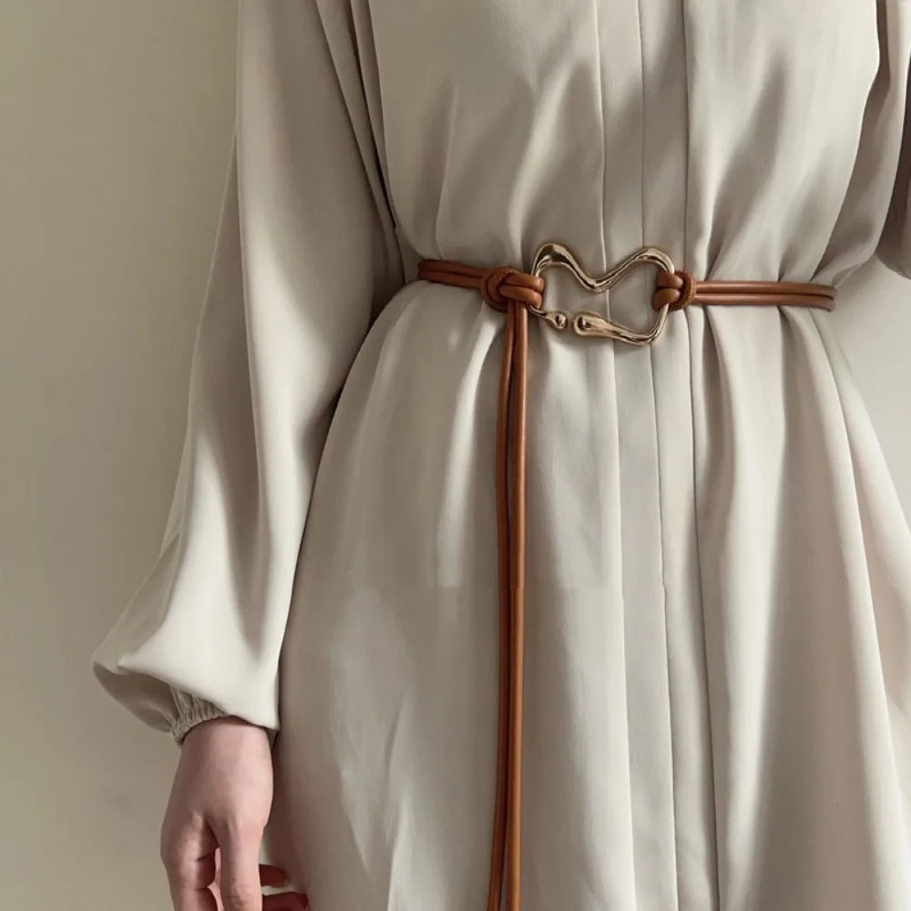 Women's Thin PU Leather Knotted Waist Belt – Golden Buckle