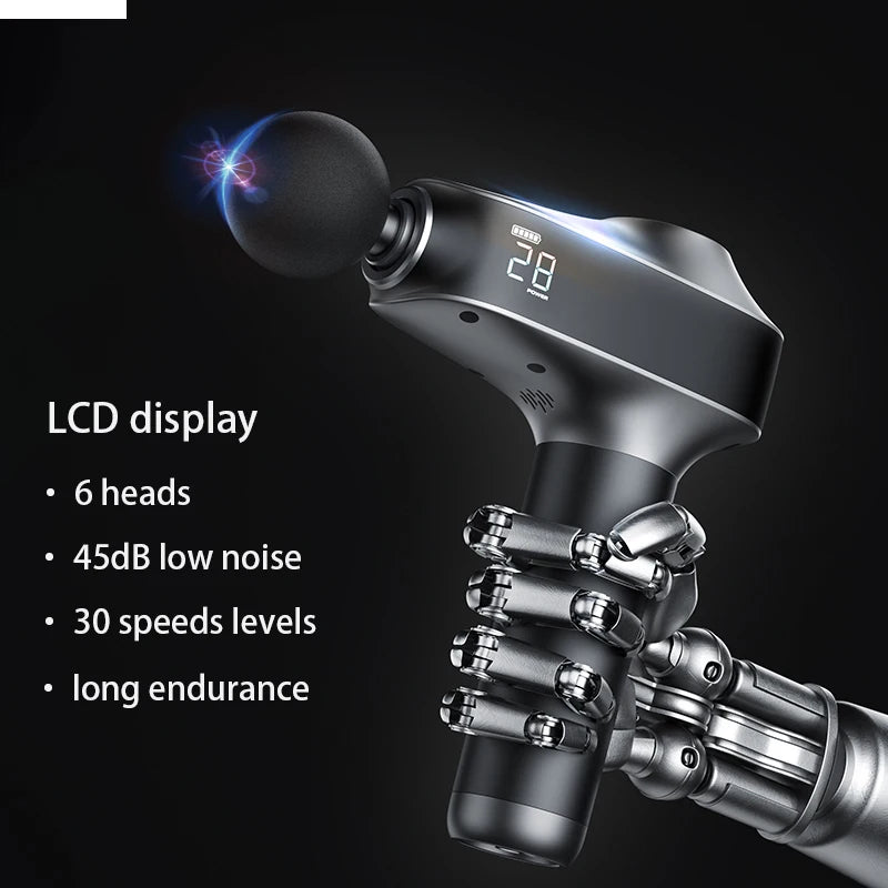 Multi-Speed Electric Fascia Gun – 6 Heads & 30 Levels LCD