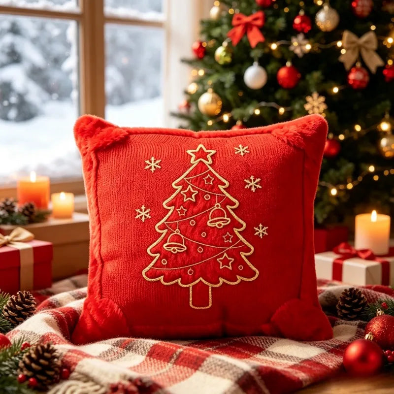 Christmas Corduroy Cushion Cover Gold Embroidery Xmas Tree