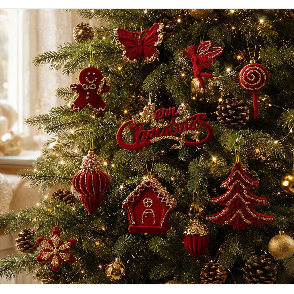 Vintage Flocked Christmas Ornaments – 10-Piece Burgundy Set