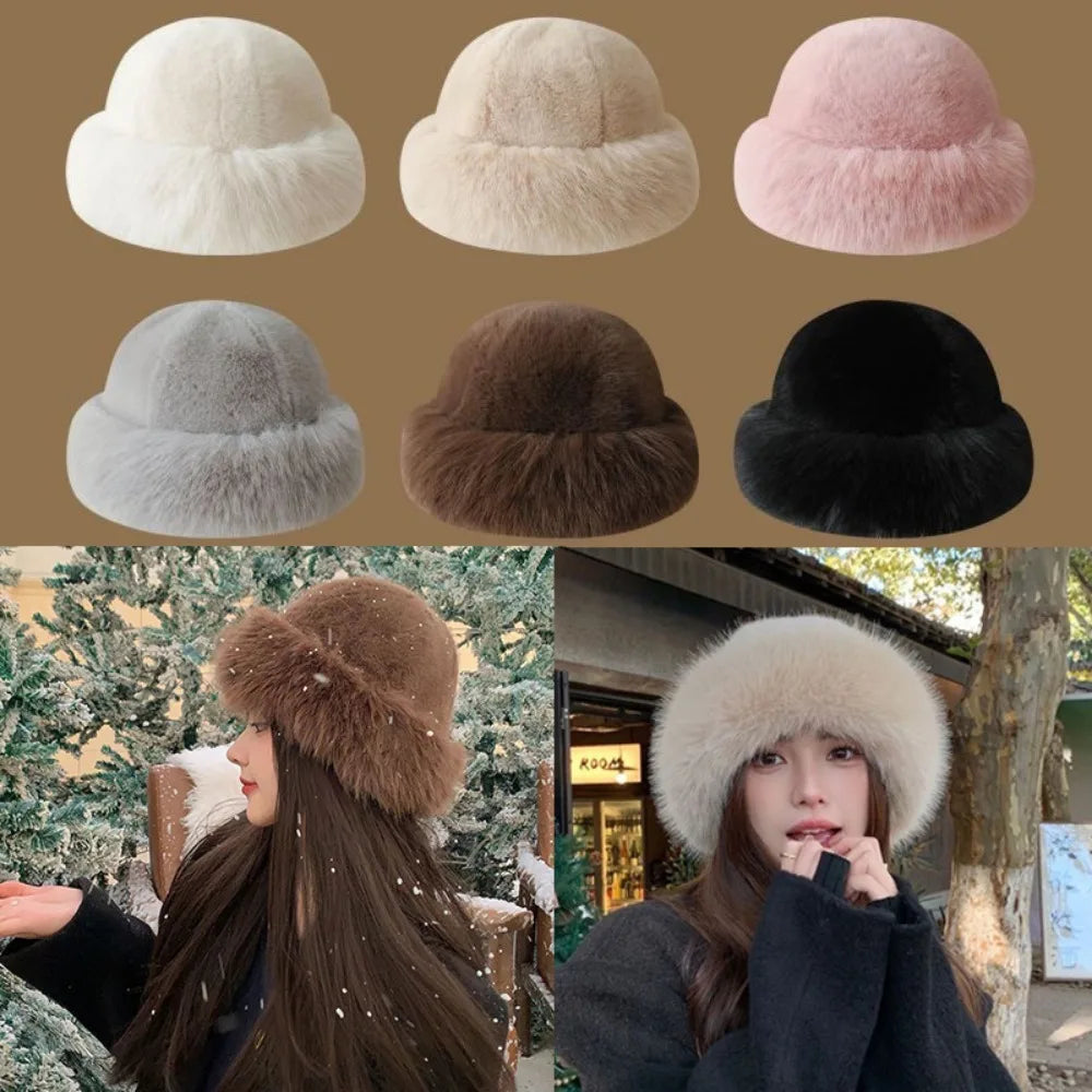 Fluffy Faux Fur Plush Bucket Hat – Windproof Winter Panama Cap