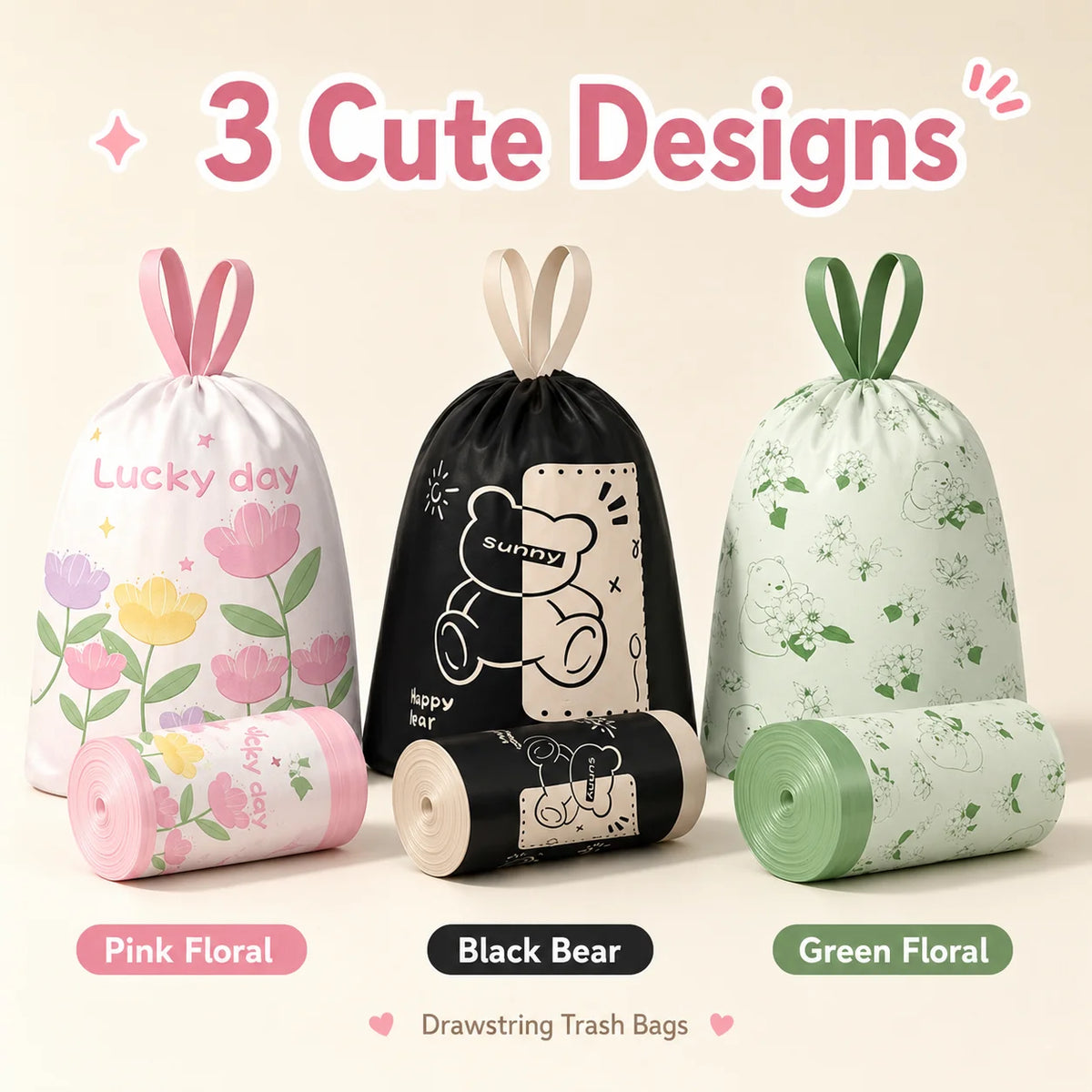 50-Count Scented Drawstring Trash Bags – 20L Cute Bin Liners