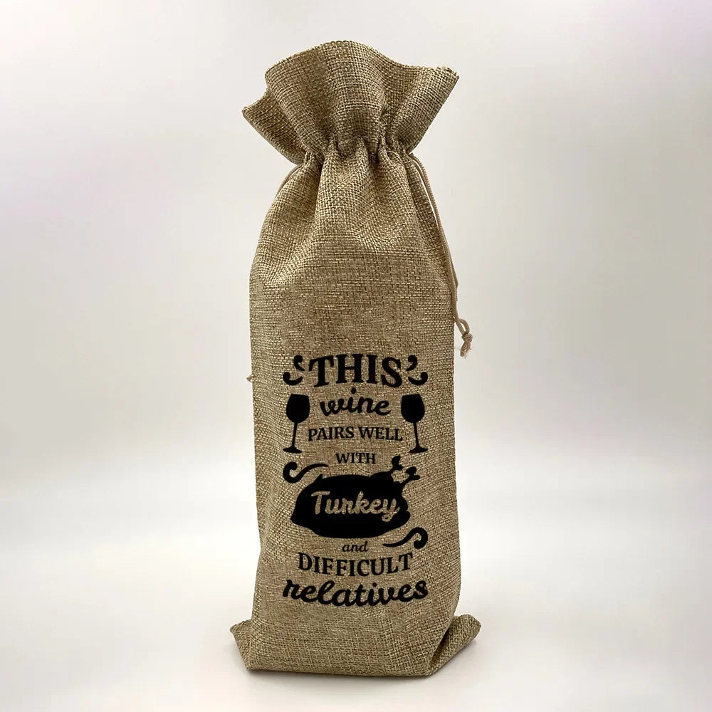 Wine Print Burlap Drawstring Bag – Reusable Eco Gift Pouch