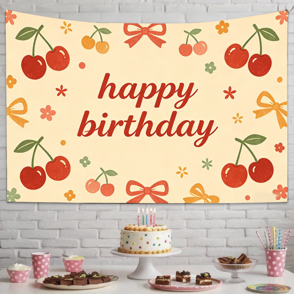 Happy Birthday Cherry Print Tapestry – Party Wall Hanging