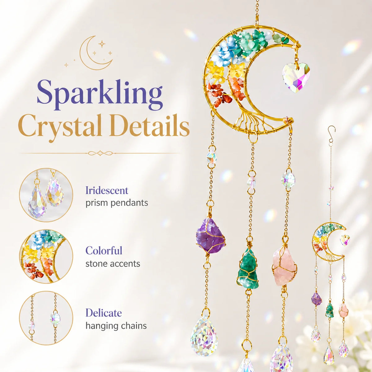 Moon Crystal Suncatcher Window Hanging – Rainbow Prism Pendant