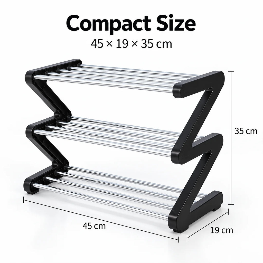 3-Tier Z-Shaped Shoe Rack – Space-Saving Metal Organizer