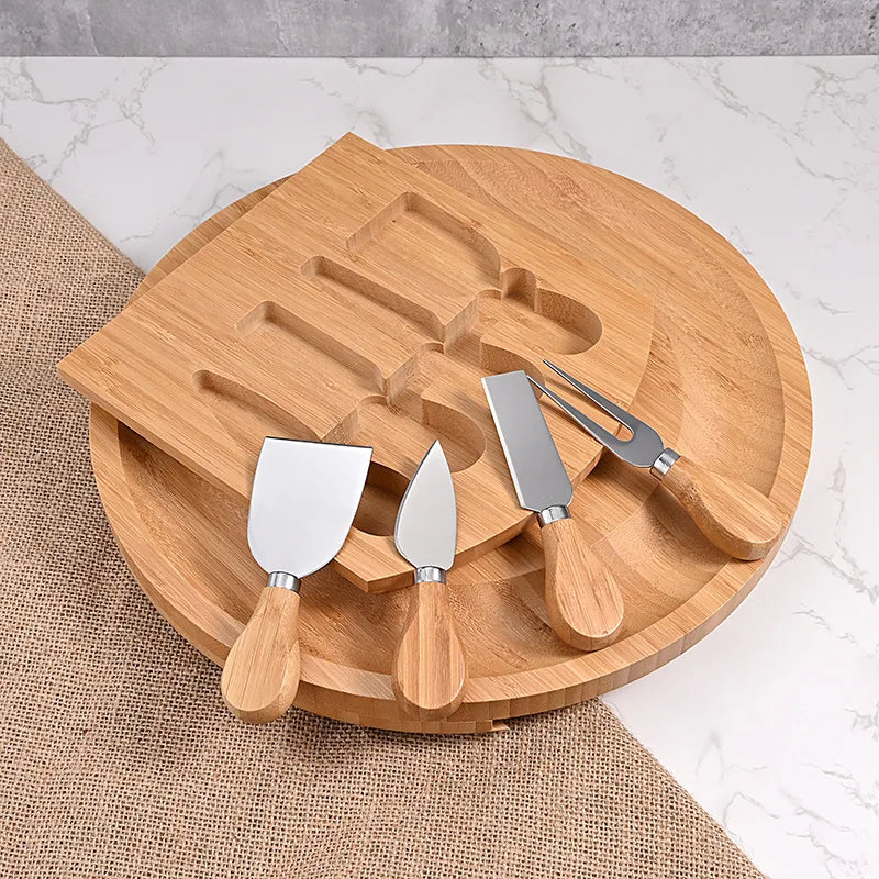 Round Bamboo Cheese Board Set with Knife Drawer – 5-Piece
