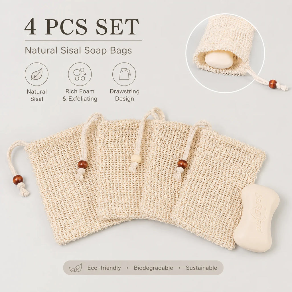 4-Pack Natural Sisal Soap Saver Bags – Exfoliating Bath Pouches