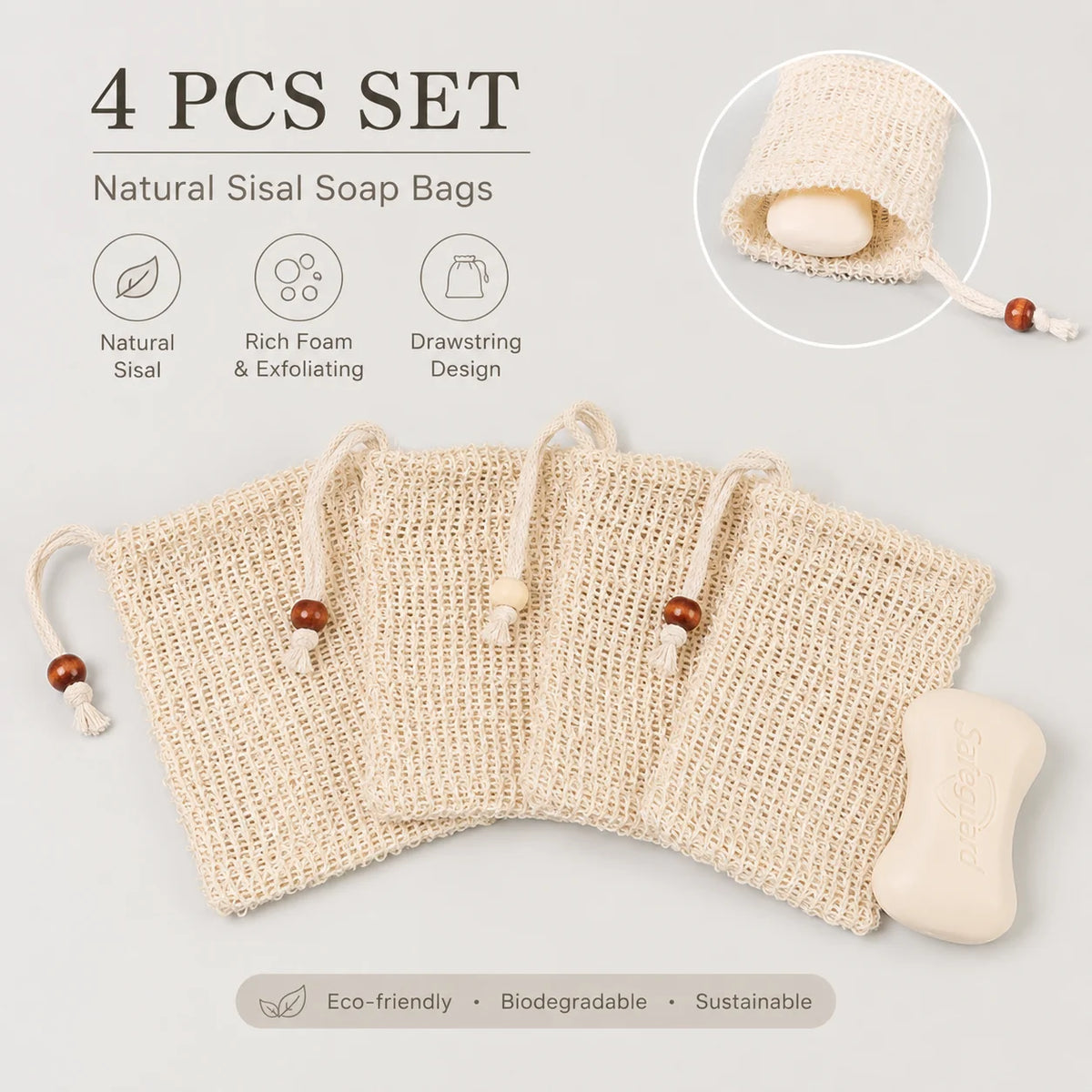 4-Pack Natural Sisal Soap Saver Bags – Exfoliating Bath Pouches