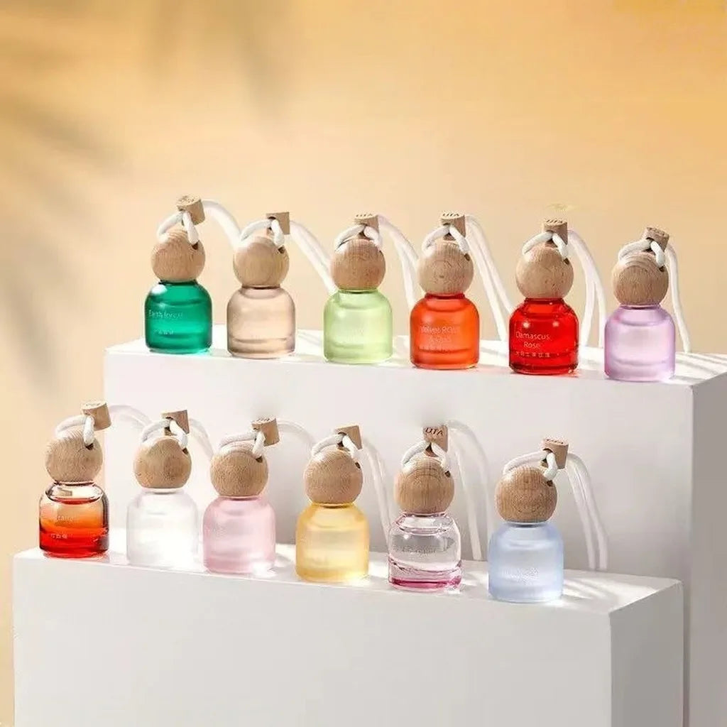 Minimalist Hanging Glass Car Diffuser Bottle | Beech Wood Cap