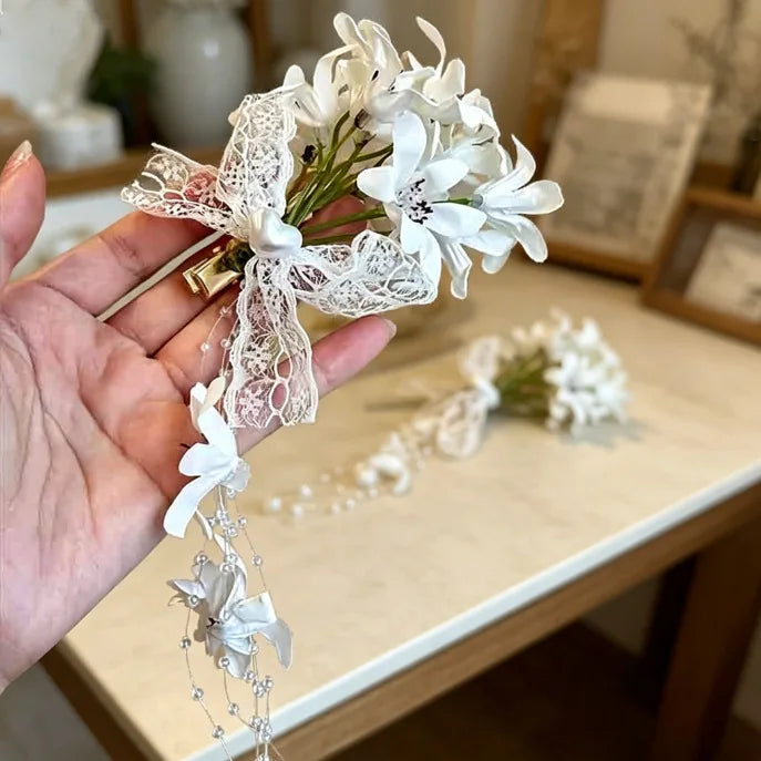 Lace Bow Flower Tassel Hair Clip – Floral Duckbill Hairpin