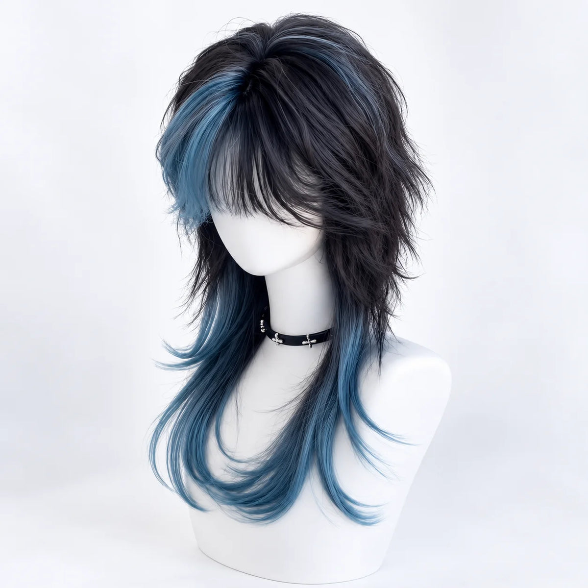 Black Blue Wolf Cut Wig – Layered Jellyfish Mullet Highlights