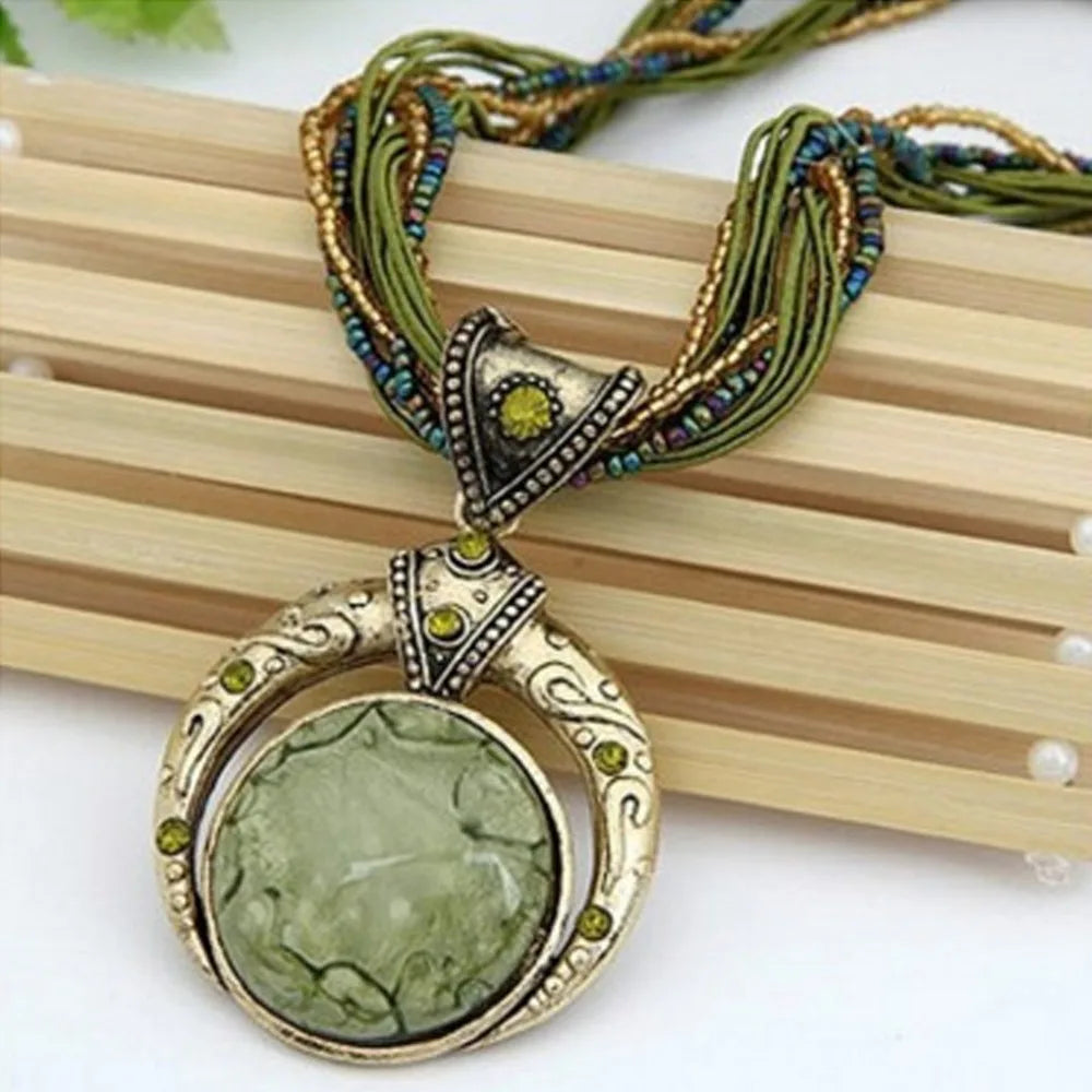 Bohemian Resin Stone Pendant Necklace | Multilayer Vintage Alloy