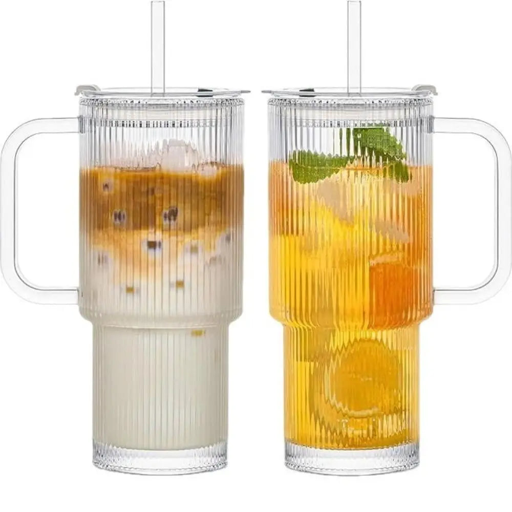 600ml Glass Tumbler Cup with Handle, Straw & Sealed Lid