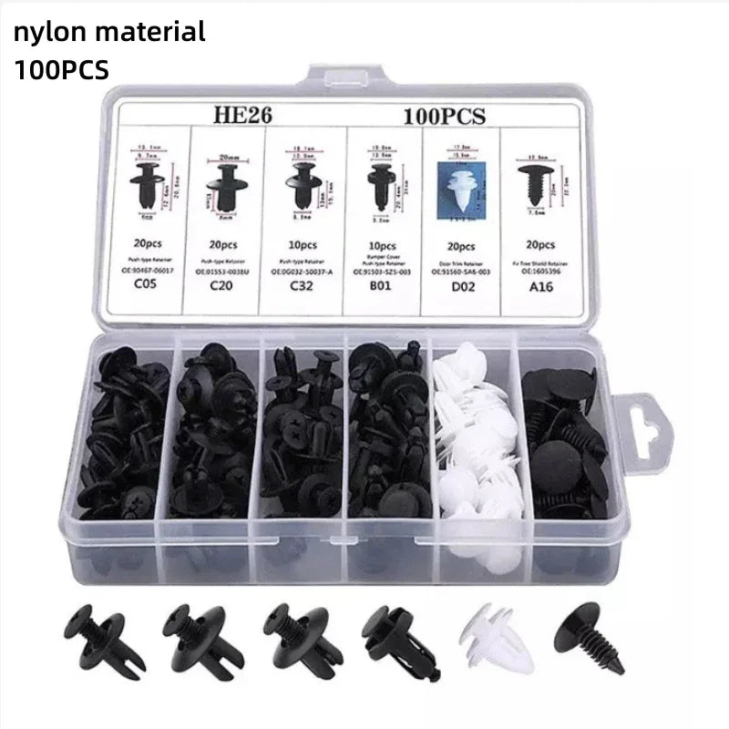 100-Pc Mixed Auto Plastic Fastener Clips – 6-Type Car Trim Kit