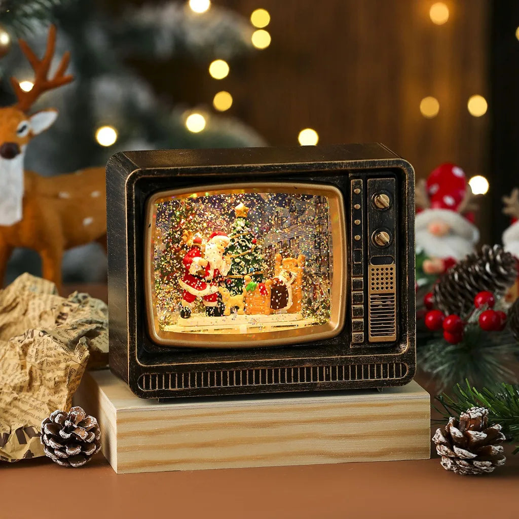Vintage TV LED Christmas Snow Globe Music Box Ornament