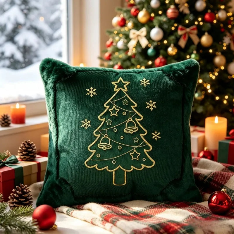 Christmas Corduroy Cushion Cover Gold Embroidery Xmas Tree