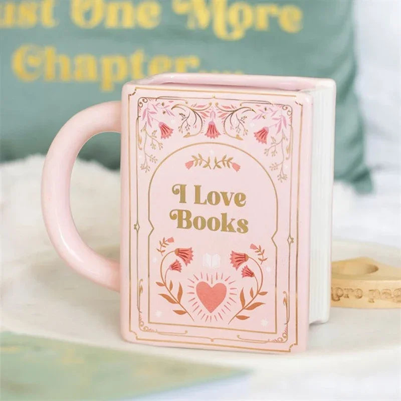 Book-Shaped Ceramic Coffee Mug – Pink, White & Green Gift